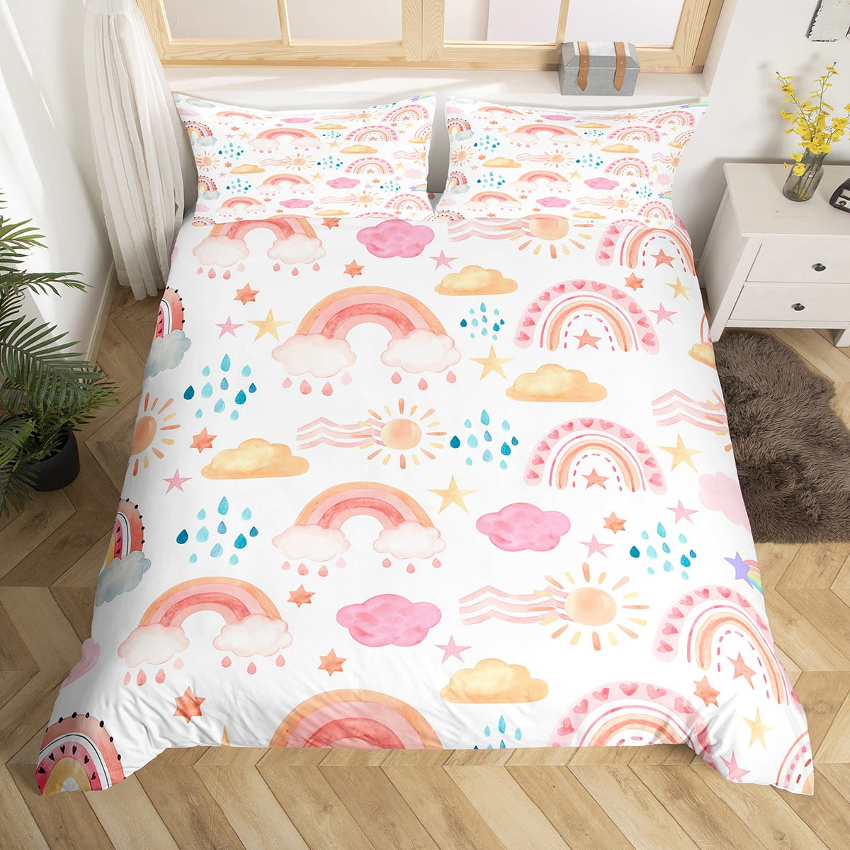 YST Kids Rainbow Bedding Set Twin, Cloud Raindrop Comforter Cover For Girls Boys Women Bedroom