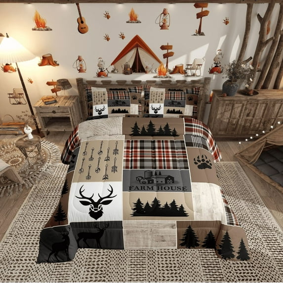 Erosebridal Retro Rustic Lodge Quilt, Deer Elk Comforter Set Queen Size For Teens Adult Women Bedroom, Vintage Farmhouse Tree Bedding Set Arrows Buffalo Plaid Down Comforter, Black Brown Red