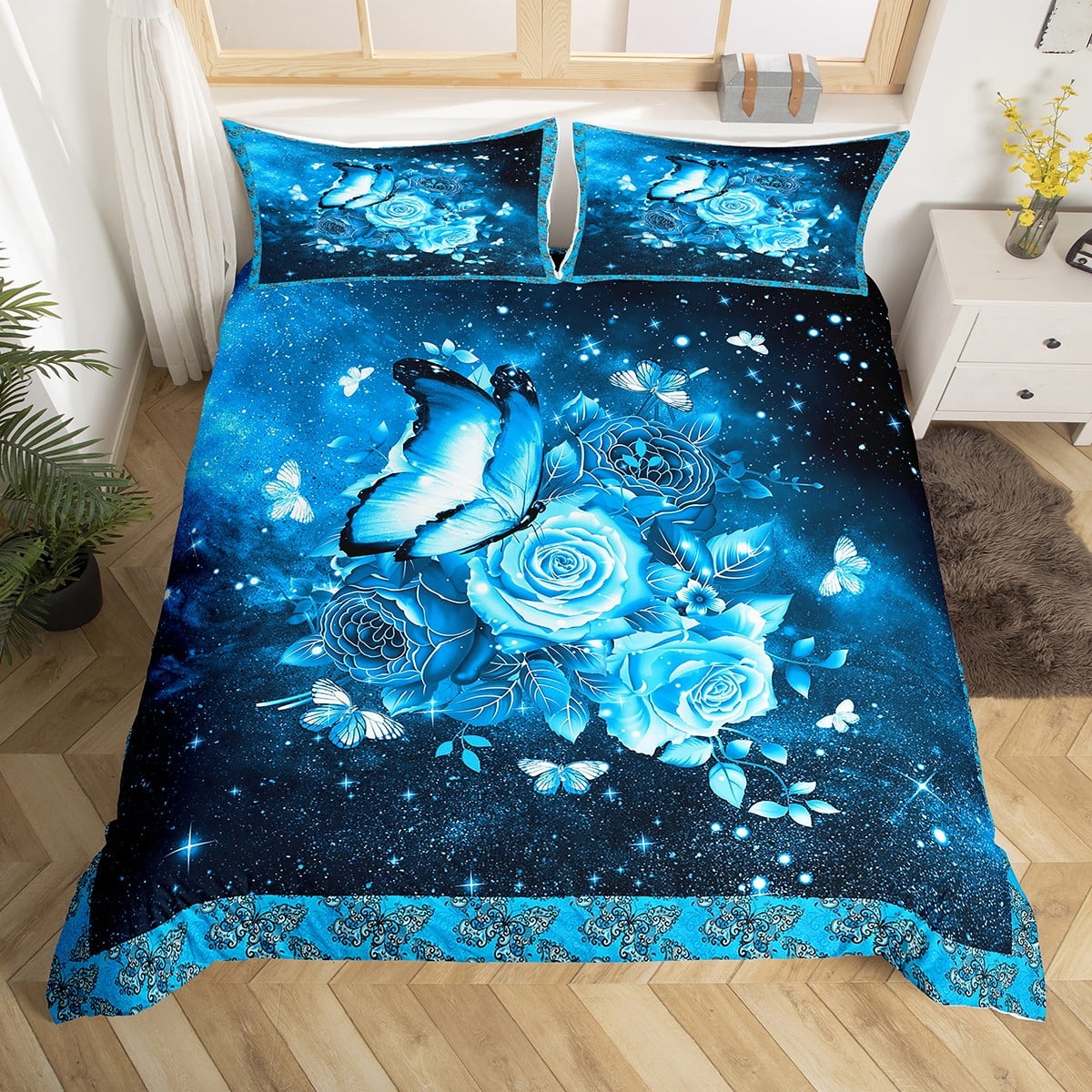 YST Kids Rose Butterfly Duvet Cover,Girls Butterfly Twin Bedding Set