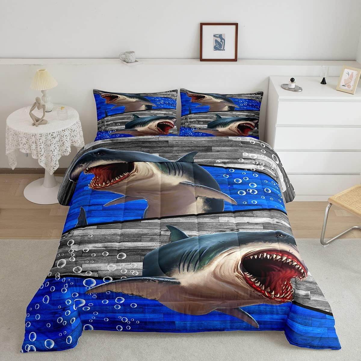 YST Kids Shark Bedding Set Queen,3D Printed Shark Comforter Set Teens