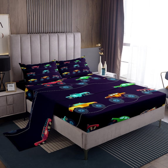 Erosebridal Sheets Deep Pocket Queen Size Truck Sheet Set Colorful Trucks Bed Sheets Fitted Sheet Truck Bedroom Deocr,Cartoon Cars Flat Sheet Navy Blue 2 Pillow Cases