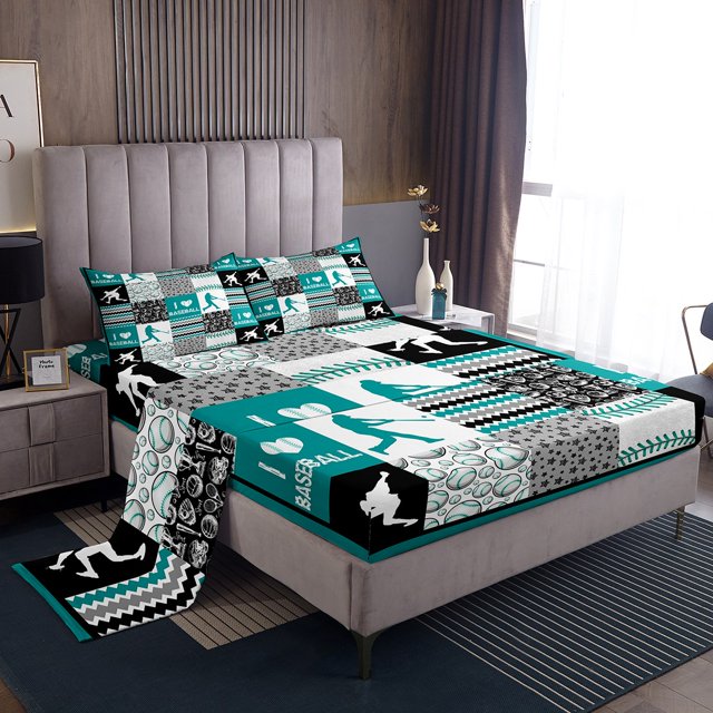 YST Kids Sports Bed Set Teen Baseball Bed Sheets Set, Black White Grey