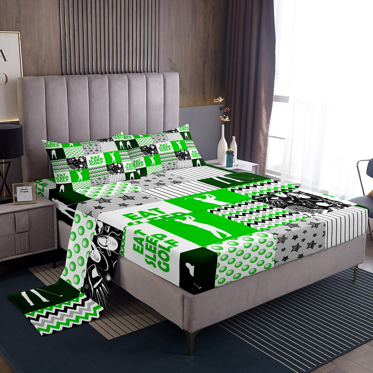 YST Kids Sports Bed Set Teen Golf Bed Sheets Set, Black White Grey