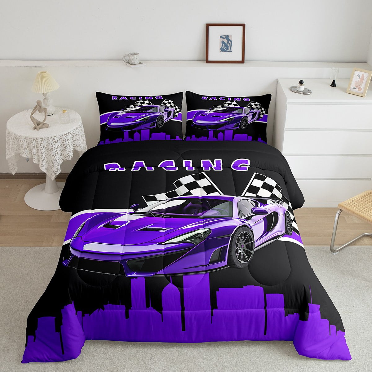 YST Kids Sports Car Comforter Set Queen for Boys Girls Speed Race Car