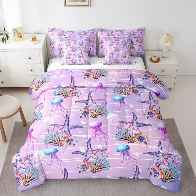 Starfish Comforter Sets,Queen Bed in A Bag Bedding Set 7 Piece,Ocean Jellyfish Quilt Set,(1 Comforter,2 Pillowcases,1 Flat Sheet,1 Fitted Sheet,2 Throw Pillow Covers)