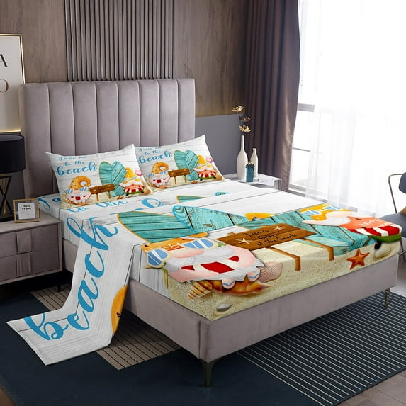 Erosebridal Summer Beach Twin Sheet Set Cute Gnome Sheets, Tropical Hawaii Coastal Bed Set Teal Surfboard Bed Sheets Set, Happy Summer Holiday Fitted Sheet