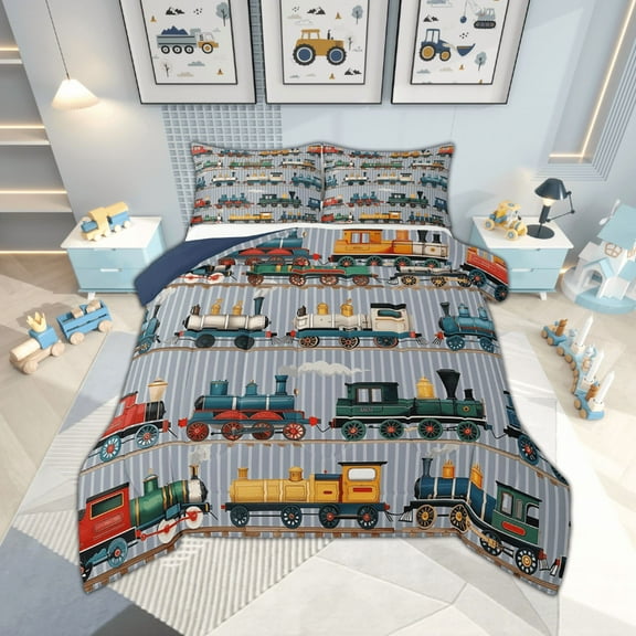 Train Comforter Set Full Size Colorful Steam Engine Train Bedding Sets Cartoon Train Transportation Comforter with 2 Pillow Cases,Gray, Green, Blue, Yellow, White