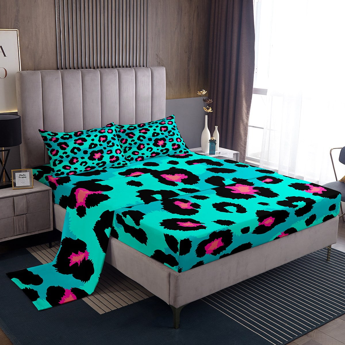 YST Kids Turqoise Cheetah Print Queen Sheets Black Pink Leopard Print