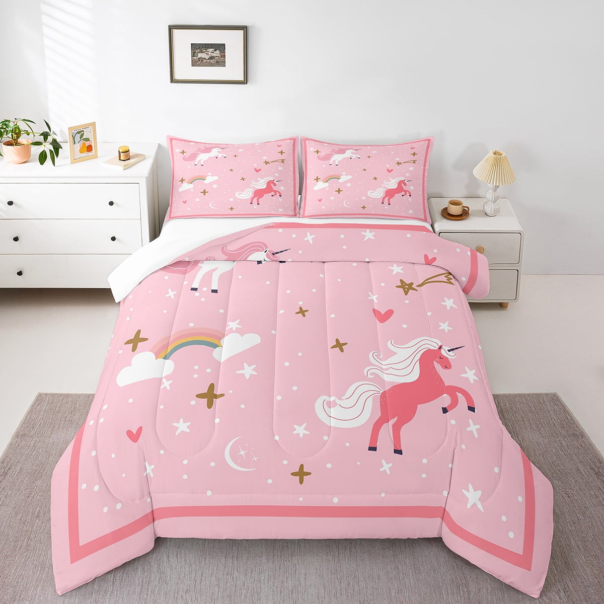 Erosebridal Unicorn Mushroom Floral Twin Bedding Set - Kawaii Cartoon Duvet Cover & Pillowcase For Kids Boys Girls Room Decor