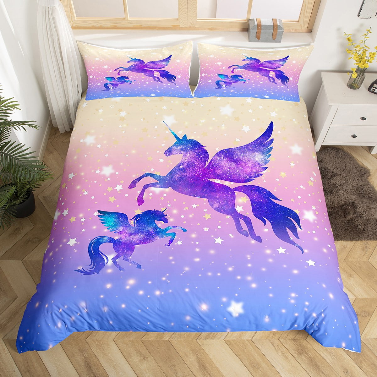 YST Kids Unicorn Duvet Cover Twin Purple Galaxy Bedding Set, Glitter ...