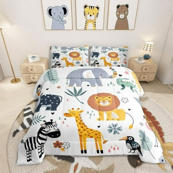 YST Kids Zoo Animal Comforter Set Cute Wild Animals Bedding Set Cartoon Safari Wild Print Comforter for Boys Girls Children Teens Bedroom Decor Exotic Natural Theme Duvet Set Queen Size