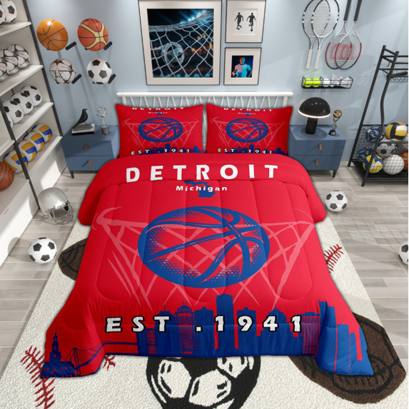 Erosebridal King Basketball Comforter Set,Basketball Team Bedding,Sports Bedding Comforter Sets,Basketball Gift Duvet Insert with 2 Pillowcases Lightweight,Detroit