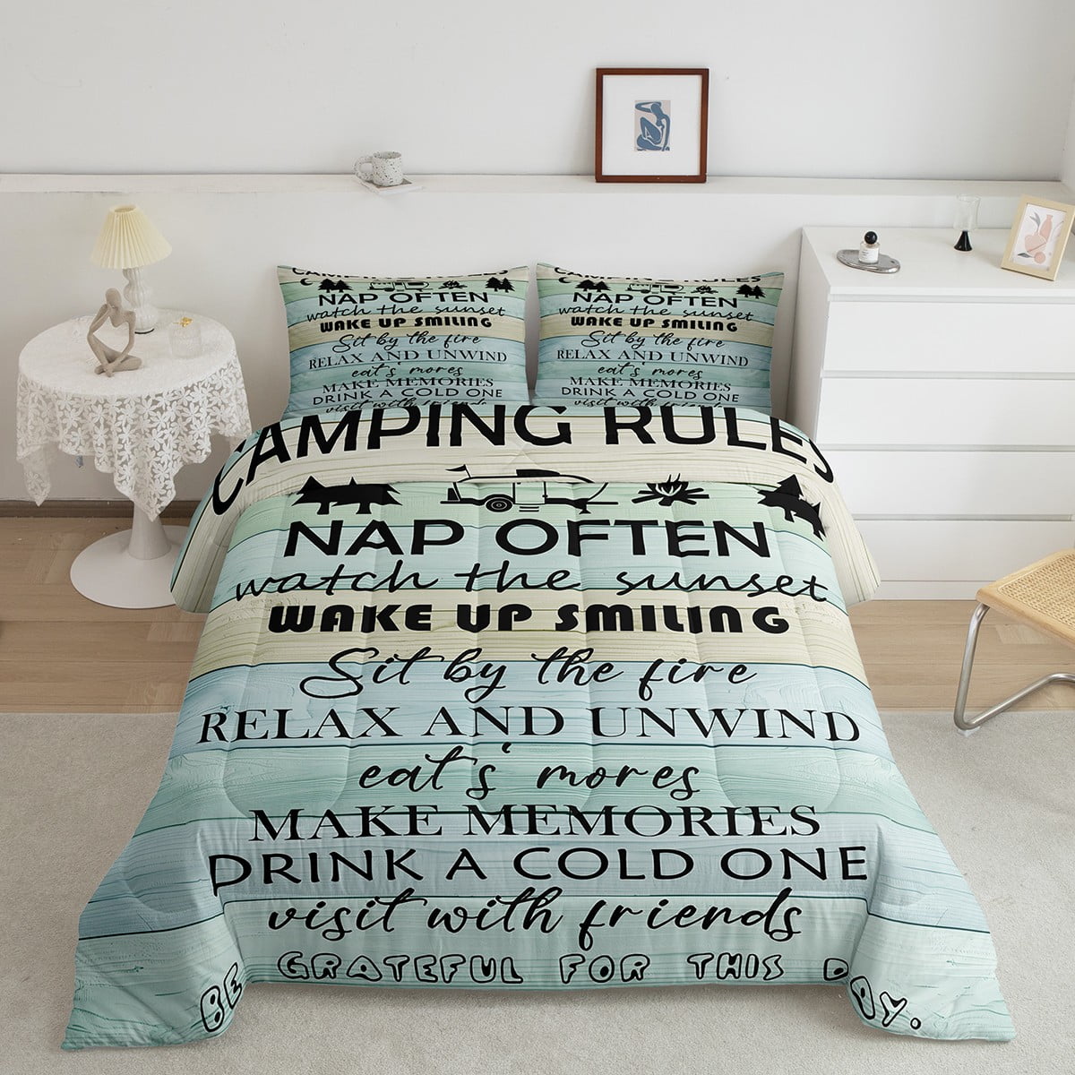 YST King Happy Camping Comforter Set,Rustic Camper Bedding Rv