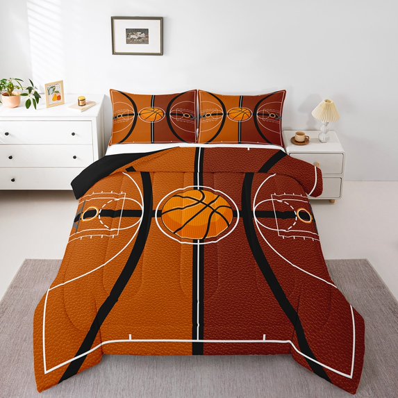 King Size Basketball Bedding Set Sports Theme Quilt For Bedroom Decor Ball Games Comforter Set Brown Court Decor Down Comforter With 2 Pillow Cases