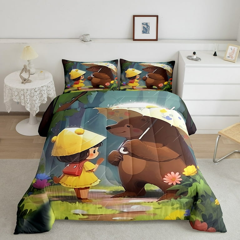 YST King Size Kids Comforter Cute Bear with Umbrella Design Little Girl Bedding Cartoon Animals Bedding Comforter Sets Perfect for Baby Girl Gifts Botanical Nature Themed Room Decor Walmart