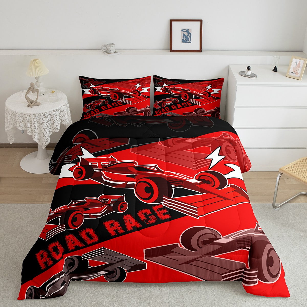 YST King Size Race Car Comforter Set for Boys Race Cars Bedding Set Cool Sports Car Bedroom Set Racing Car Bed Set Black Red Gamer Bedding Sets Car Room Decor 3Pcs Walmart