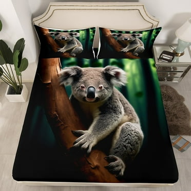 YST Koala Bedding Set Queen, 3D Realistic Animal Fitted Sheet Wild Animal Botanical Trees Bed Sheets, Nature Woodland Animal Wildlife Theme Sheets ( No Flat Sheet)