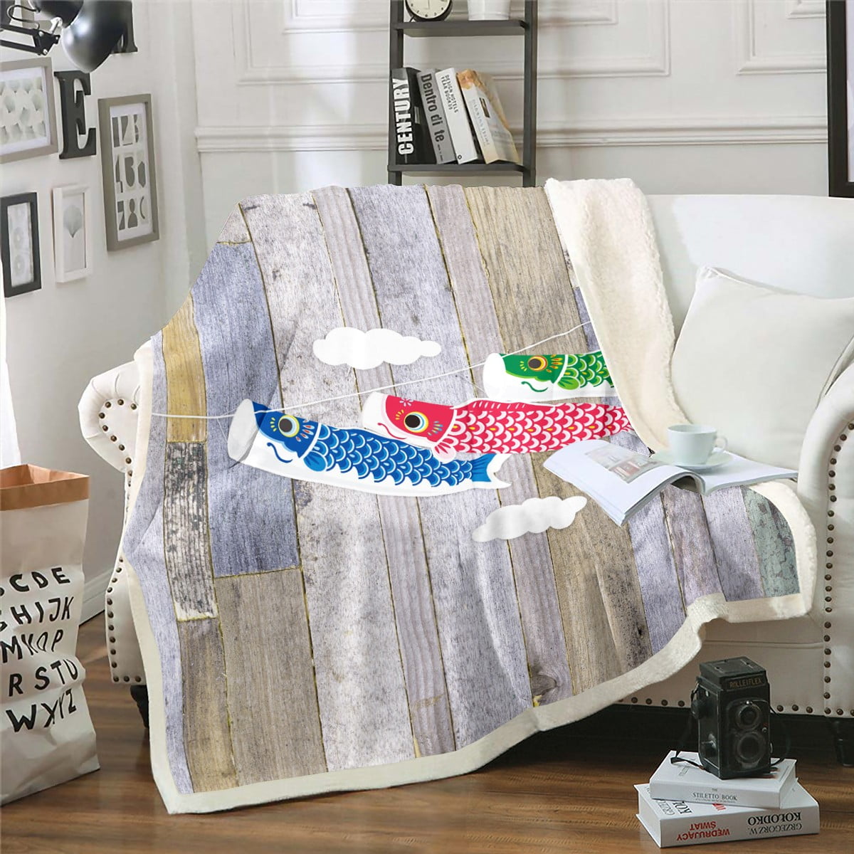 YST Koi Fish Throw Blanket Twin Size, Japanese Style Fleece Blanket, Rustic Farmhouse Style
