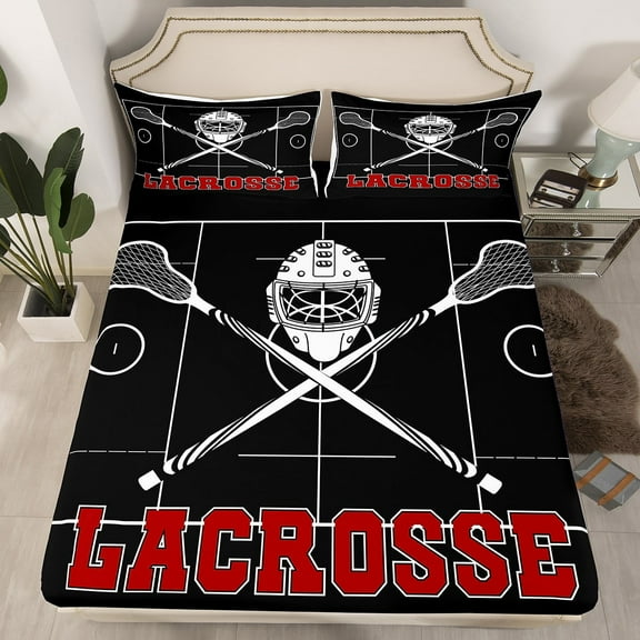Lacrosse Bedding Set Twin Size Sports Games Theme Bed Sheets White Lacrosse Fitted Sheet Bedroom Decor Black Soft Microfiber Sheets,Dark Black