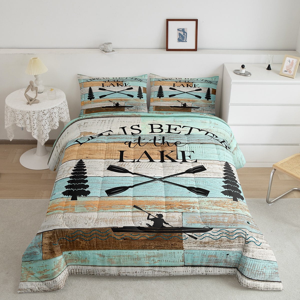 YST Lake House Bedding Set, Rustic Farmhouse Comforter Set Retro Country Wooden Planks Quilt For
