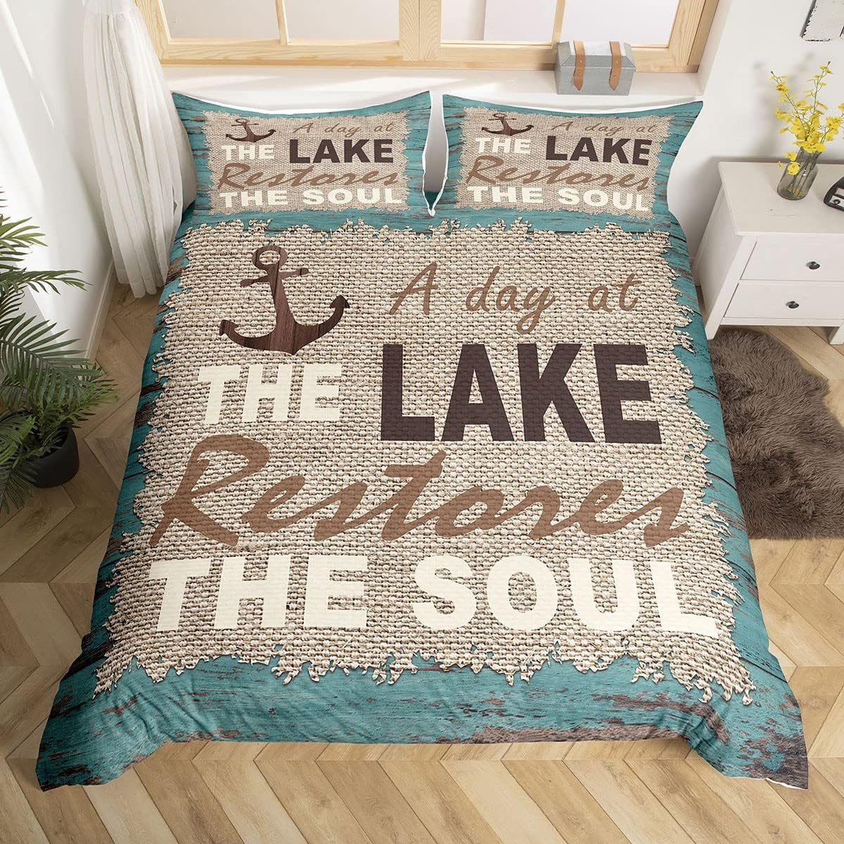 YST Lake House Duvet Cover Twin,Vintage Nautical Anchor Bedding Set for