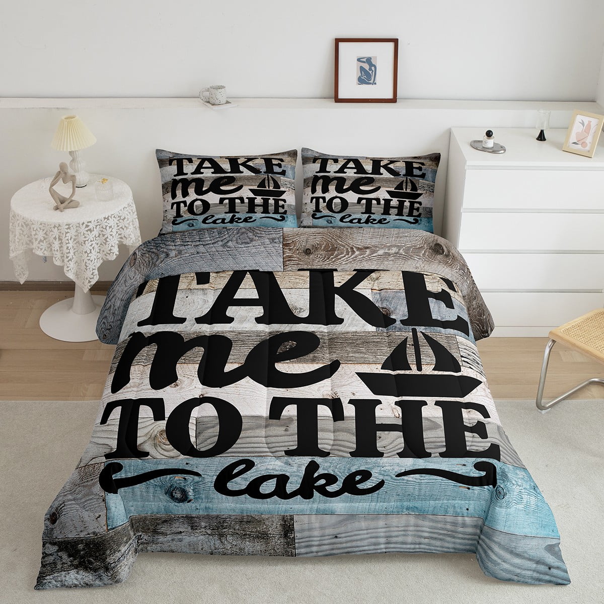 YST Lake House Queen Comforter Set, Retro Sailboat Wooden Bedding Sets