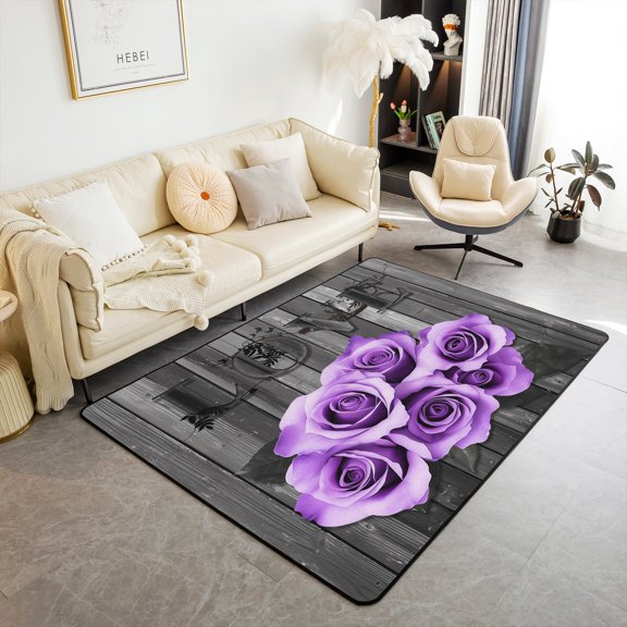 Erosebridal Lavender Rose Carpet 3x5 for Bedside Purple Black Grey Flower Area Rugs Women Men Couple Romantic Floral Living Room Rug Retro Farmhouse Indoor Floor Mat for Bedroom Doorway