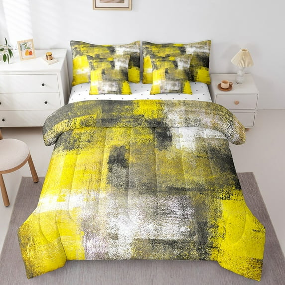 Erosebridal Lemon Yellow Grey Comforter Set Twin Size,Grunge Ombre Bedding Set Teens Adult,Graffiti Oil Painting Bed in A Bag 7 Piece,Watercolor Contemporary Art Bed Sets
