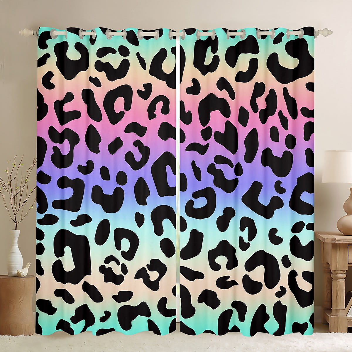 YST Leopard Curtains 52x63 inch Purple Blue Pink Leopard Print Blackout
