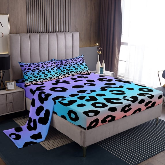 Leopard Print Bed Sheets Set,Brown Cheetah Sheet Set Full for Adult,Abstract Leopard Skin Sheets,Valentine's Day Flat Fitted Sheet with 2 Pillowcases Bedroom Decor