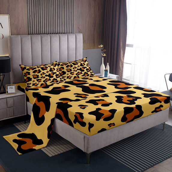 Leopard Print Bed Sheets Set Full,Brown Cheetah Sheet Set for Adult,Abstract Leopard Skin Sheets,Valentine's Day Flat Fitted Sheet with 2 Pillowcases Soft