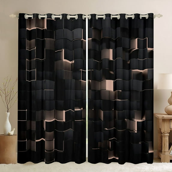 Light Pink Black 38"Wx54"L Window Curtains Room Abstract Geometric Curtains Drapes Neon Plaid Checkered 30%-50% Blackout Curtains Stereoscopic Square Grids Window Treatments