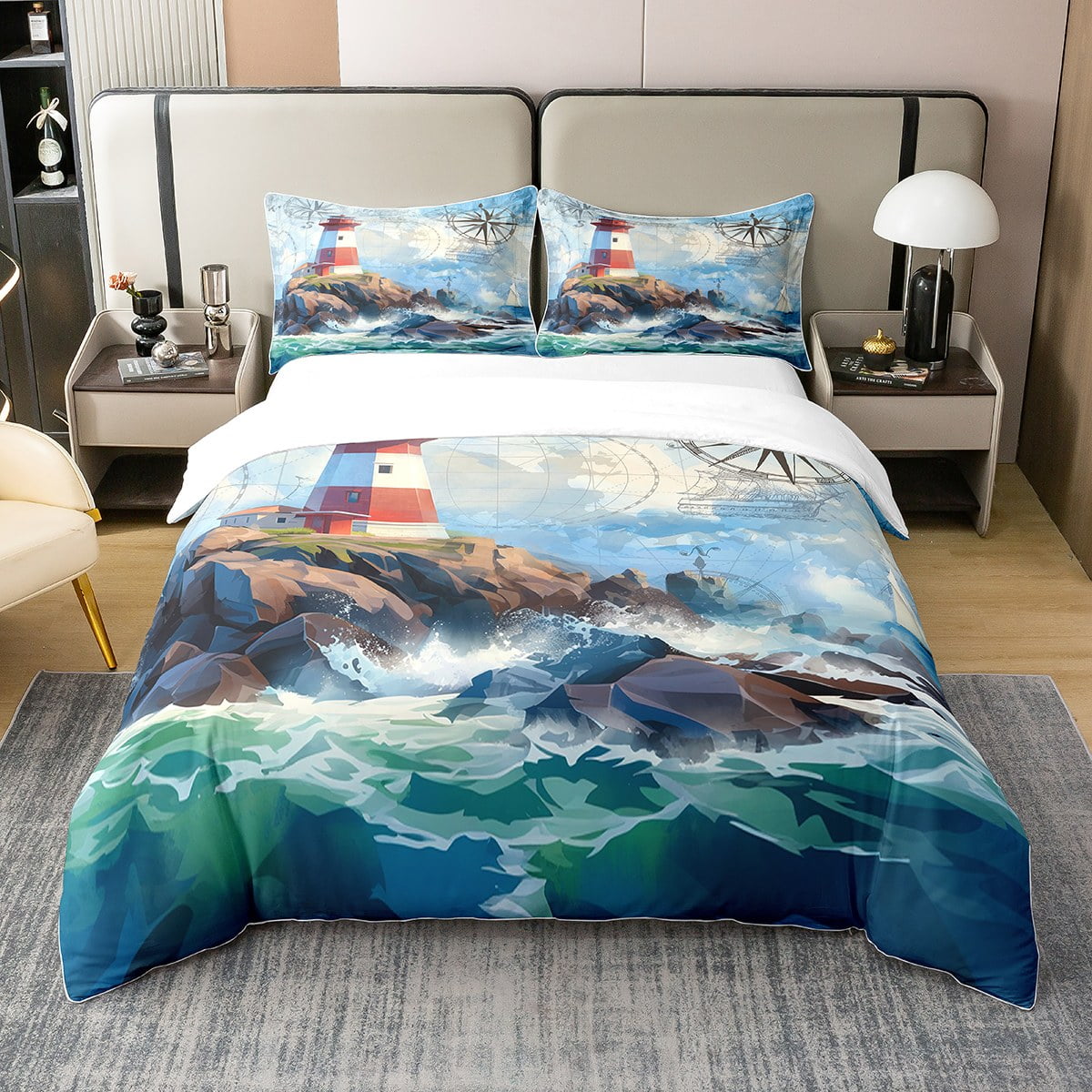 YST Lighthouse 100 Cotton Duvet Cover Queen,Watercolor Nautical Map