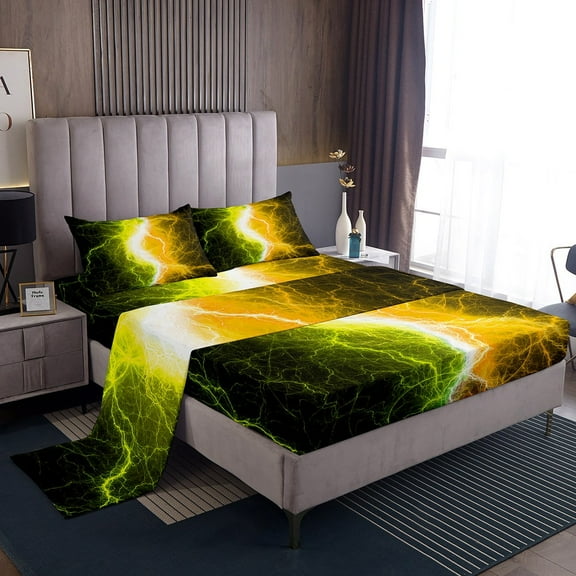 Lightning Bed Sheets Queen Size,Yellow Orange Abstract Sheet Set Adult,Gaming Bedding Sets Gamer Room Decor,Hippie Style Galaxy Bed Set 3Pcs