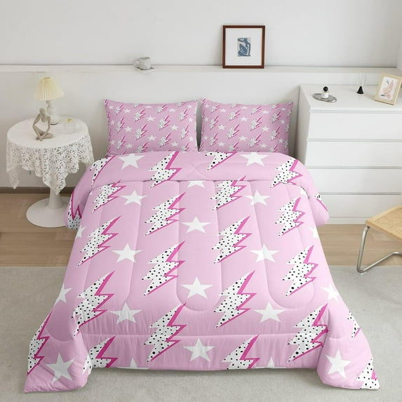Lightning Flash Print Comforter Set Queen Size,Adults Bedroom Decor,Abstract Stars Polka Dots Down Comforter,Stylish Chic Bedding Set,Pink Romantic Duvet Insert