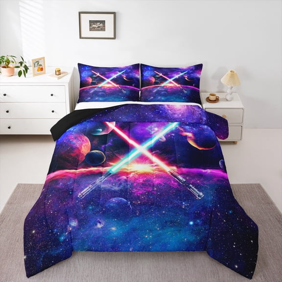 Lightsaber Comforter Set Twin Size Galaxy Universe Planet Bedding Set Room Decor,Watercolor Star Sky Quilt Set Fantasy Duvet Insert,Purple