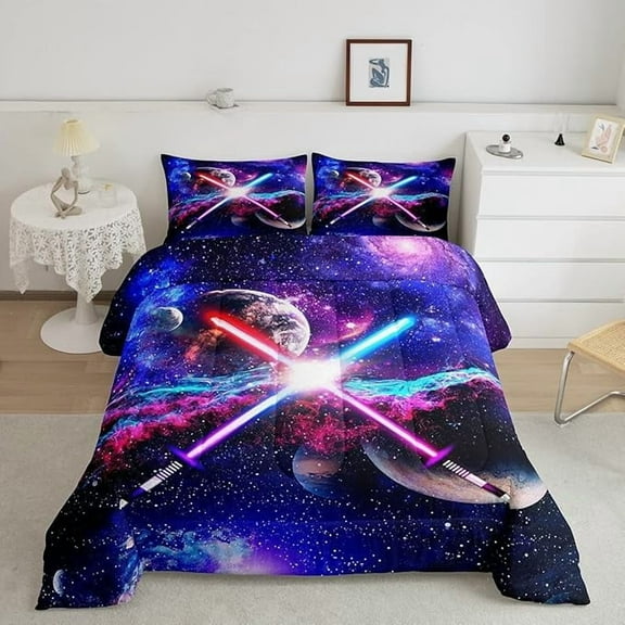 Lightsaber Comforter Set Twin Size Galaxy Universe Planet Bedding Set Room Decor,Watercolor Star Sky Quilt Set Fantasy Duvet Insert,Purple
