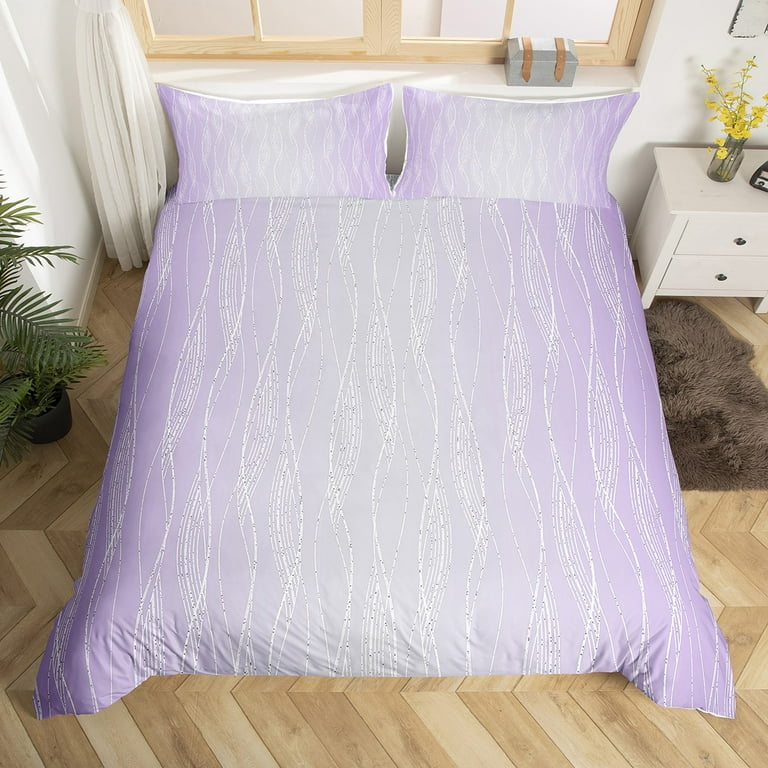 YST Lilac And Greyish White Comforter Cover Twin Abstract Lavender Ombre Bedding Set For Teen Girls Women Gradient Violet Duvet Cover Geometric Wavy