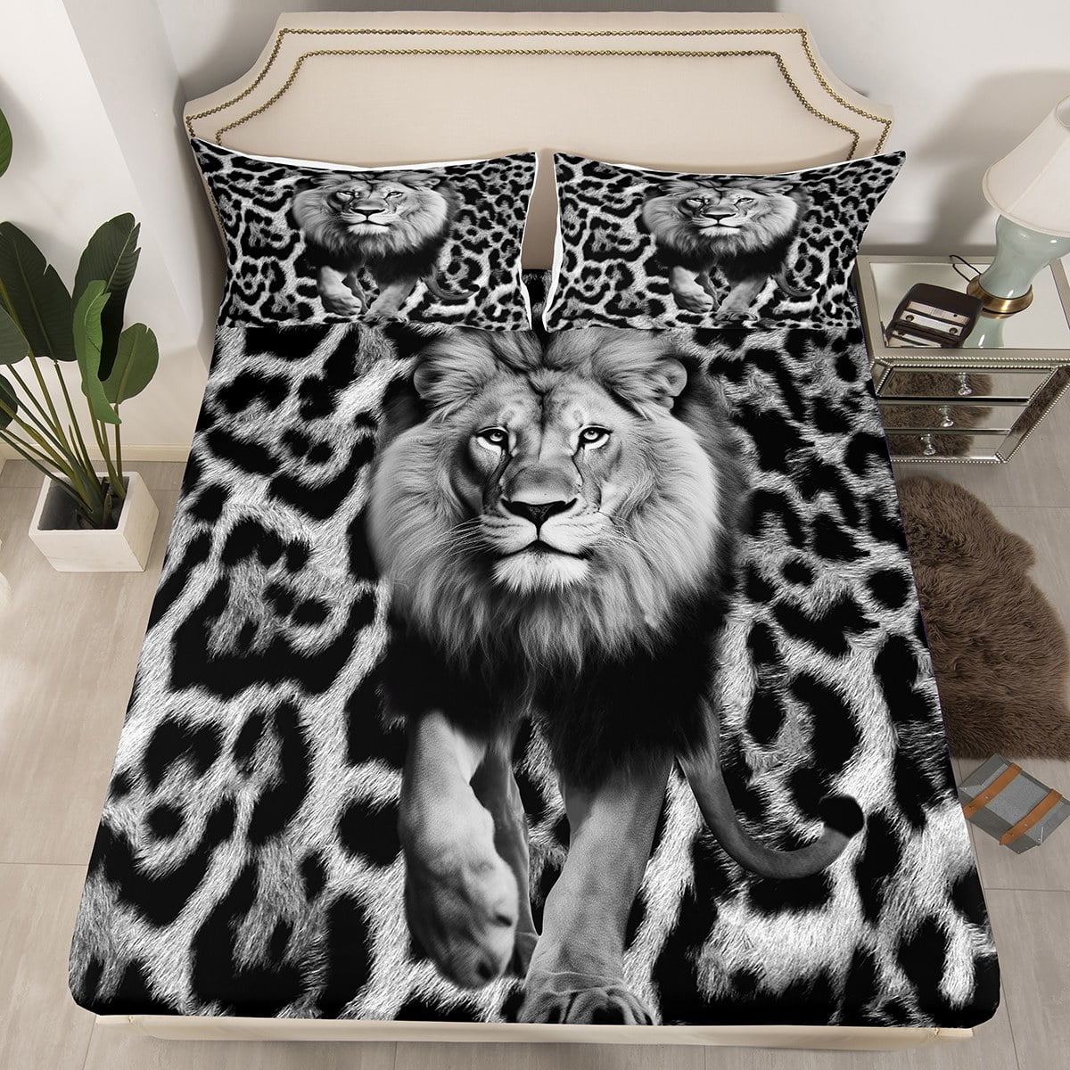 YST Lion Bed Set Grey Leopard Print Bed Sheets Safari Fitted Sheet for