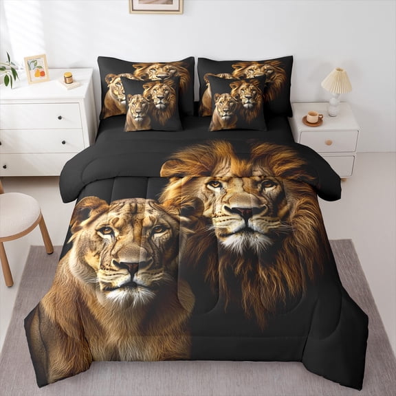 Lion King Comforter Set 7 Piece African Safari Animal Bed In A Bag Adults,Couple Wildlife Bedding Set With Sheet Set And Pillow Covers,Lion Bed Set Reversible