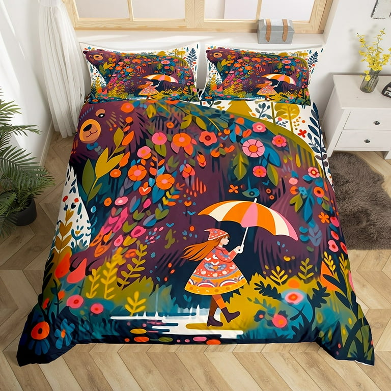YST Little Girl Queen Size Kids Bedding Set Watercolor Flower Illustration Nature Theme Duvet Cover for Baby Girl Toddler Girly Room Decor Aesthetic 1 Comforter Cover 2 Pillow Cases Walmart