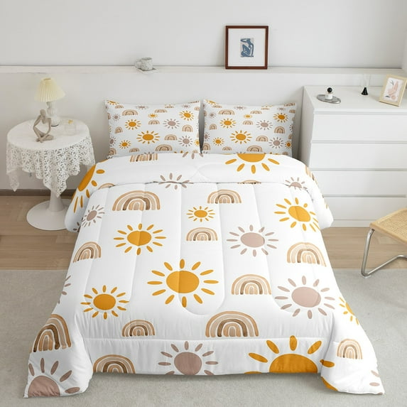 Erosebridal Little Rainbow Comforter Set Full, Cartoon Sun Bedding Set Boho Rainbow Lines Duvet Insert, Iridescent Hand Drawn Style Down Comforter, Rainbow Decor Bedroom