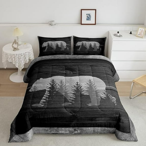 Lodge Cabin Comforter Set Gray Bear Pine Tree Silhouette Pattern Quilted Duvet Animal Western Jungle Style Bedding for Teens Adults Full Size