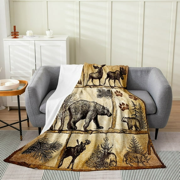 Lodge Cabin Throw Blanket 30x40 Inch Woodland Animals Blanket,Wildlife Bear Moose Elk Deer Fleece Blanket Farmhouse Cottage Reindeer Vintage Pine Trees Rustic Fuzzy Blanket