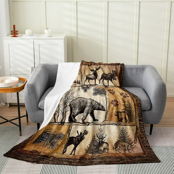 Lodge Cabin Throw Blanket Twin 60x80 Inch Woodland Animals Farmhouse Blanket,Wildlife Bear Moose Elk Deer Fleece Blanket Retro Cottage Reindeer Pine Trees Rustic Fuzzy Blanket