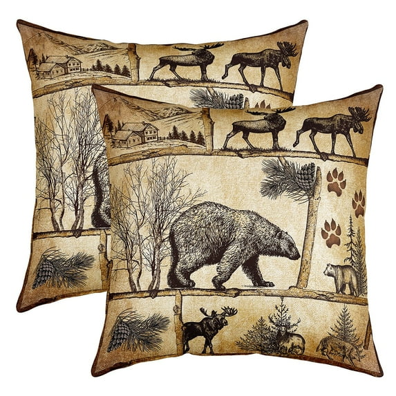 Lodge Cabin Throw Pillow Covers 24x24 Inch Woodland Animals Pillow Covers,Wildlife Bear Moose Elk Deer Cushion Covers Farmhouse Cottage Vintage Pine Trees Rustic Cushion Cases