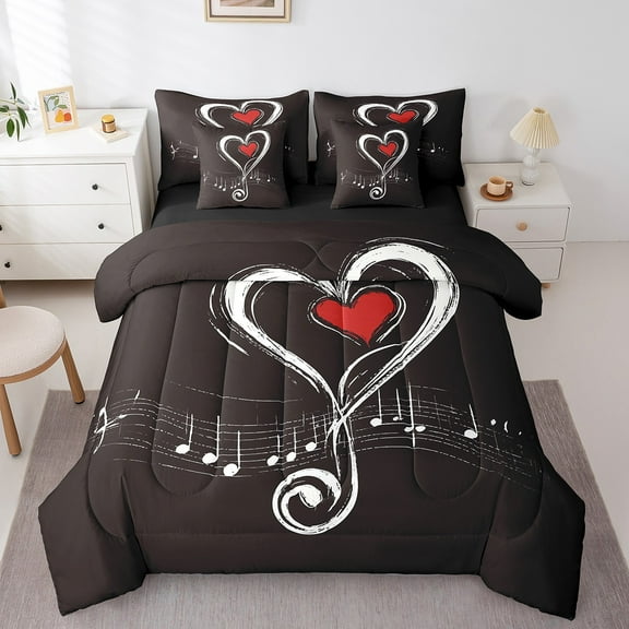 Erosebridal Love Heart Bedding Queen Size 7pcs, Geometric Music Note Printed Lightweight Comforter Set, Musical Notation Bedding Comforter Sets Bed in a Bag, Black Red Modern Bed Sheets Set