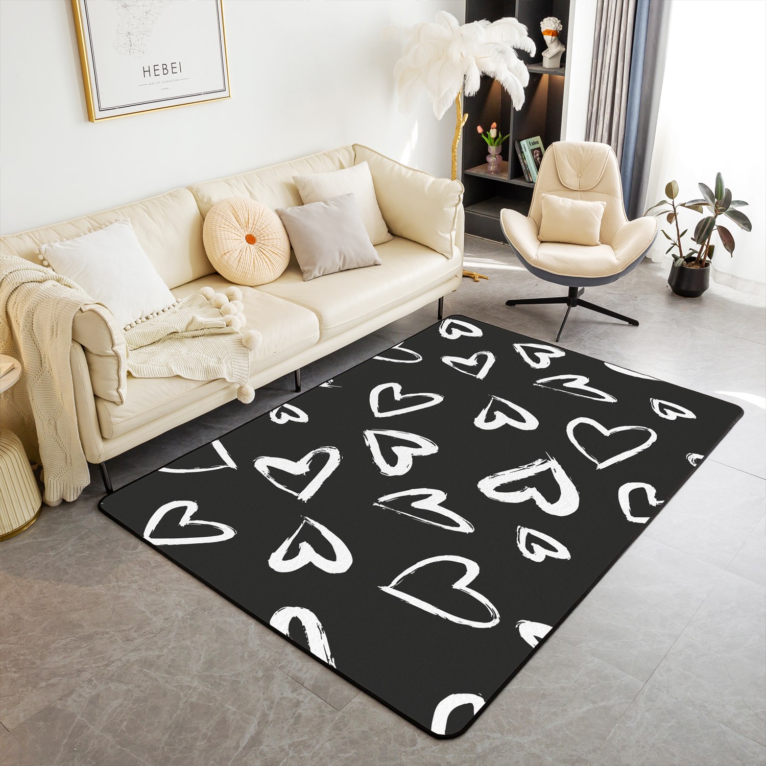 YST Love Heart Shaped Area Rug,Black and White Carpet for Women Men