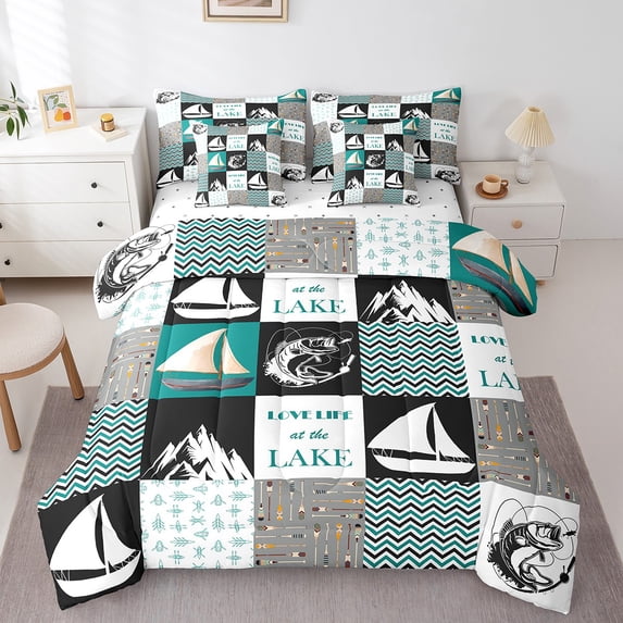 Erosebridal Love Lake Life Comforter 7 Pieces, Lake House Fitted Sheet Retro Sailboat Rustic Flat Sheet King Size, Hunting Fishing Pillow Cases Plaid Patchwork Throw Pillow Covers