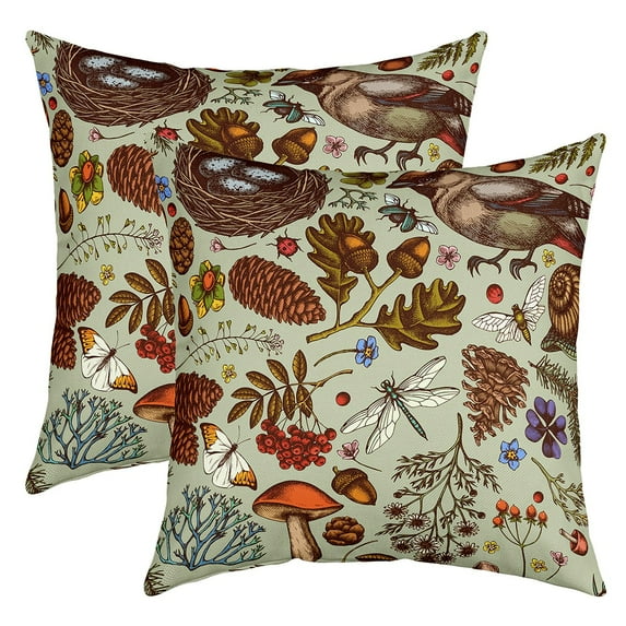 Lovely Chicken Throw Pillow Covers,Cartoon Mushroom Cute Butterfly Dragonfly Animal Cushion Cases,Retro Wild Plants Cushion Covers 22x22 inch set of 2,Rustic Style Square Pillow Cases Soft